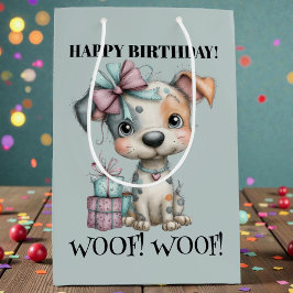 幻想的な犬の水彩画の誕生日 ミディアムペーパーバッグ