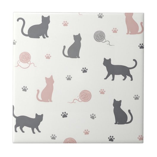 幻想的な猫と毛糸のシルエット柄 タイル (正面)