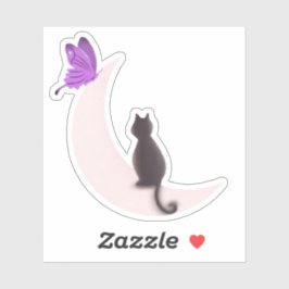 幻想的な猫と紫の蝶の月 シール