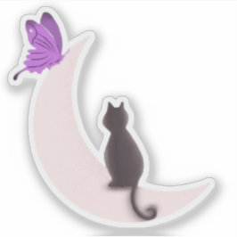 幻想的な猫と紫の蝶の月 シール