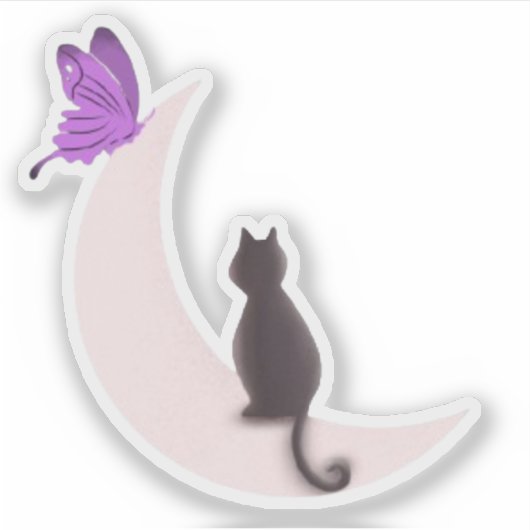 幻想的な猫と紫の蝶の月  シール (正面)