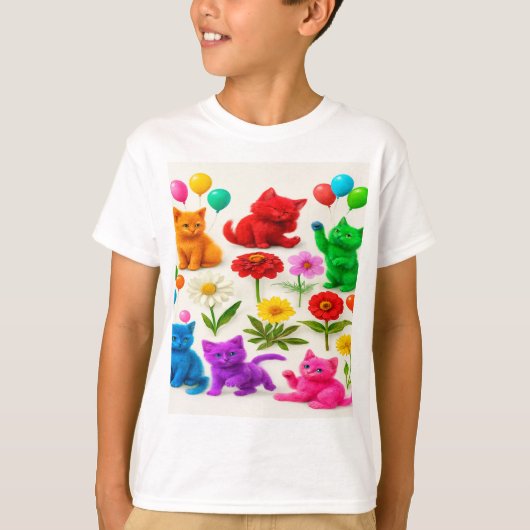 幻想的な猫と色とりどりのバラの庭園 Tシャツ (正面)