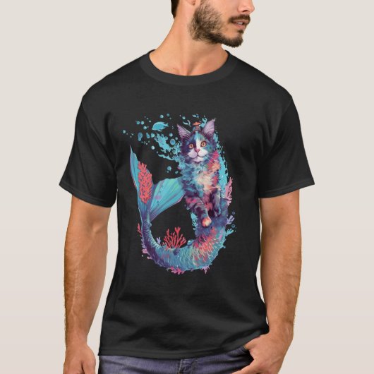 幻想的な猫の人魚の水中幻想 Tシャツ (正面)