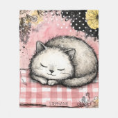 幻想的な猫の花の水彩アート フリースブランケット (正面)