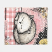 幻想的な猫の花の水彩アート フリースブランケット (正面(横))