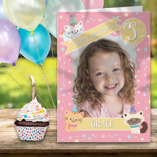 幻想的な猫の1枚の写真の5歳の誕生日カード カード