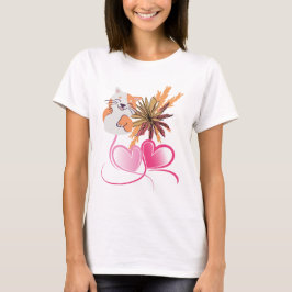幻想的な猫ママ ピンクのハートとワイルドフラワーの花柄 Tシャツ