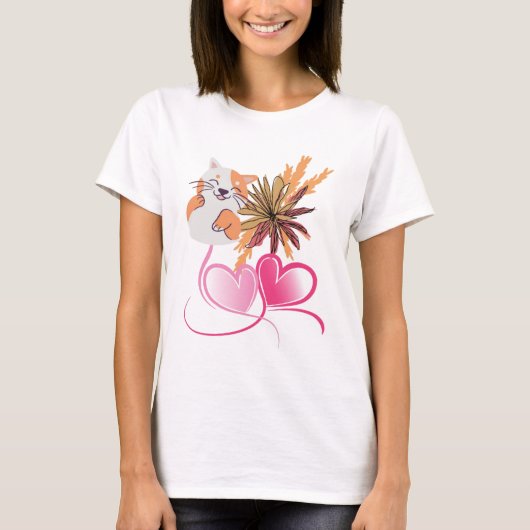 幻想的な猫ママ ピンクのハートとワイルドフラワーの花柄  Tシャツ (正面)