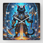 幻想的な環境の中で装甲キャットウォリアー スクエア壁時計 (正面)