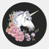 幻想的な白いユニコーン 花 ピンク 黒 ラウンドシール (正面)