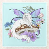幻想的な白い妖精猫 青いキノコ ファンタジー ガラスコースター (正面)