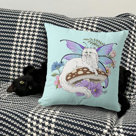 幻想的な白い妖精猫 青いキノコ ファンタジー クッション