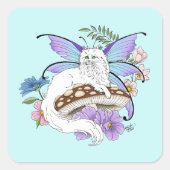 幻想的な白い妖精猫 青いキノコ ファンタジー スクエアシール (正面)