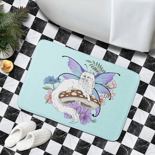 幻想的な白い妖精猫 青いキノコ ファンタジー バスマット