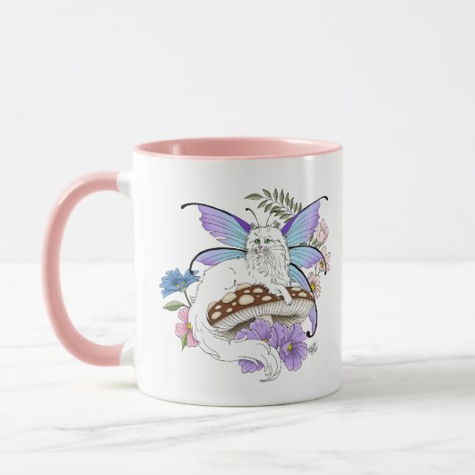 幻想的な白い妖精猫 青いキノコ ファンタジー マグカップ (左)