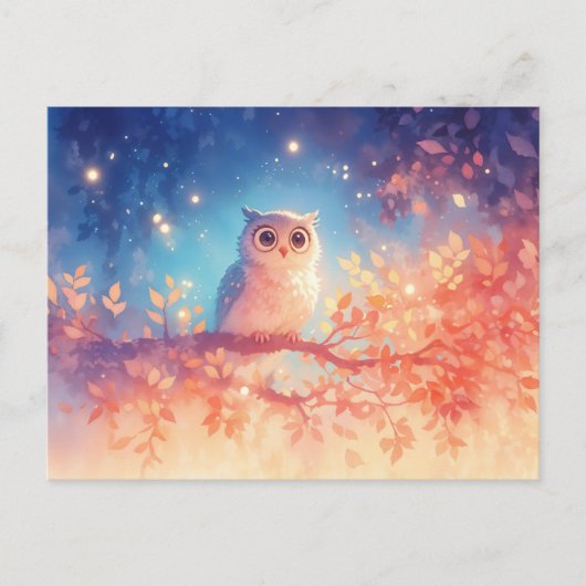 幻想的な白フクロウの輝く秋の森 ポストカード (正面)