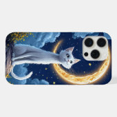 幻想的な白猫が輝く月を眺める iPhoneケース (裏面横)