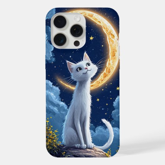幻想的な白猫が輝く月を眺める iPhoneケース (裏面)