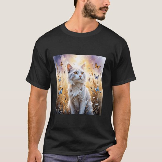 幻想的な白猫と蝶々 Tシャツ (正面)
