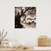 幻想的な神話の人魚が木の枝に座って ポスター (キッチン)