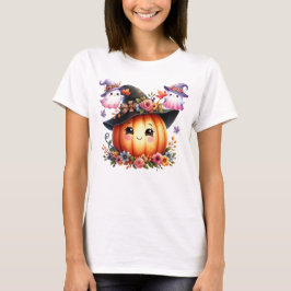 幻想的な秋のかぼちゃ魔女デザイン Tシャツ