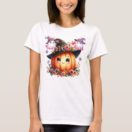 幻想的な秋のかぼちゃ魔女デザイン Tシャツ (正面)