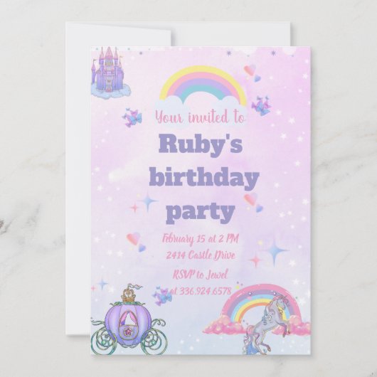 幻想的な童話のお城とユニコーンの招待状 招待状 (正面)