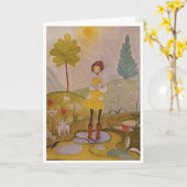 幻想的な童話の少女と犬の絵 カード (黄色い花)