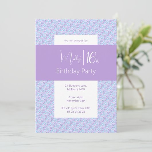 幻想的な紫の花柄 ティーンズ 16歳の誕生日 招待状 (スタンド正面)