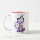 幻想的な紫色の猫と小鳥たち ツートーンマグカップ (左)