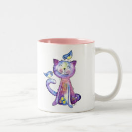 幻想的な紫色の猫と小鳥たち ツートーンマグカップ