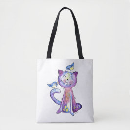 幻想的な紫色の猫と小鳥 トートバッグ