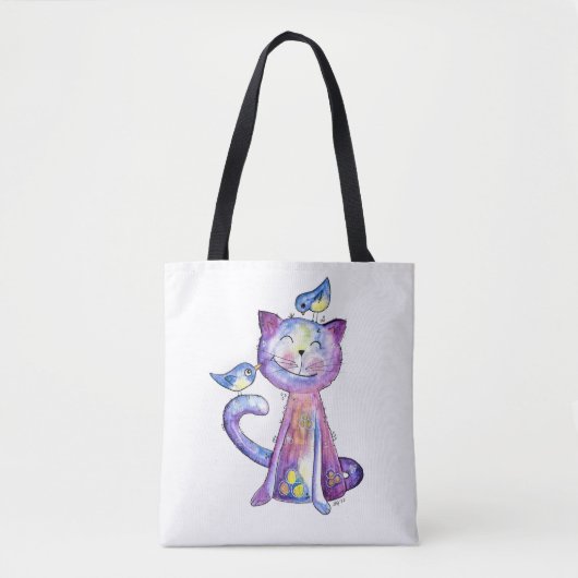 幻想的な紫色の猫と小鳥 トートバッグ (正面)