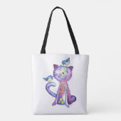 幻想的な紫色の猫と小鳥 トートバッグ (裏面)