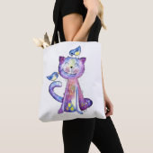 幻想的な紫色の猫と小鳥 トートバッグ (クローズアップ)