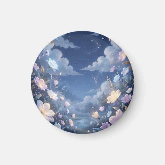 幻想的な紫色の花と夜空の星 マグネット (正面)