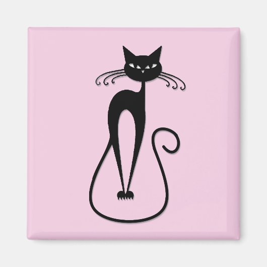 幻想的な細身の黒猫 ピンク マグネット (正面)