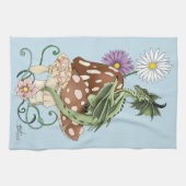 幻想的な緑のドラゴンとキノコの花 キッチンタオル (横)