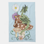 幻想的な緑のドラゴンとキノコの花 キッチンタオル (縦)