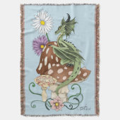 幻想的な緑のドラゴンとキノコの花 スローブランケット (正面縦)