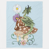 幻想的な緑のドラゴンとキノコの花 フリースブランケット (正面)