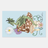 幻想的な緑のドラゴンとキノコの花 長方形シール (正面)