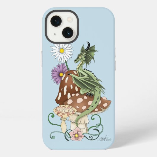 幻想的な緑のドラゴンとキノコの花 iPhoneケース (裏面)