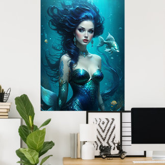 幻想的な美しい人魚のプリンセス ブルー水中の世界 ポスター