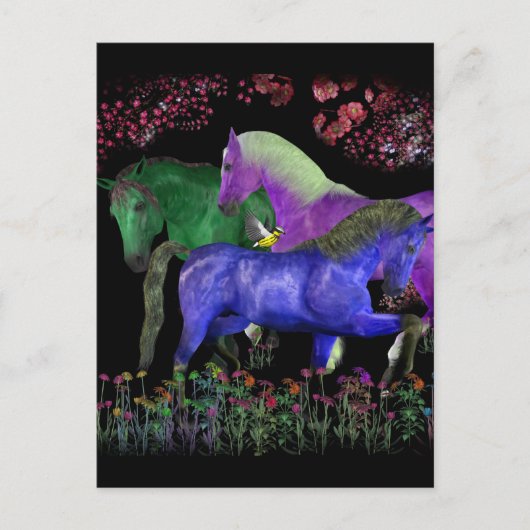 幻想的な色の馬のデザイン、黒い背景 ポストカード (正面)