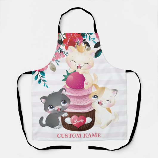 幻想的な花とキャラクターの猫のイチゴカップケーキ エプロン (正面)