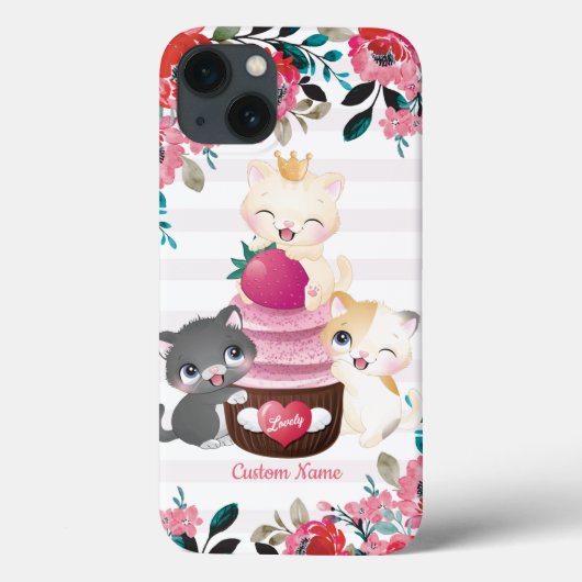 幻想的な花とキャラクターの猫のイチゴカップケーキ Case-Mate iPhoneケース (裏面)