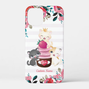 幻想的な花とキャラクターの猫のイチゴカップケーキ iPhone 12 MINI ケース