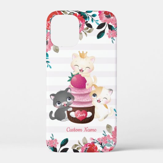 幻想的な花とキャラクターの猫のイチゴカップケーキ Case-Mate iPhoneケース (裏面)