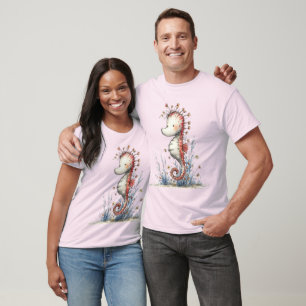 幻想的な花とタツノオトシゴの水彩画 オーシャンアニマル Tシャツ